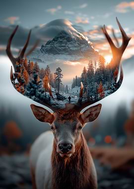 Majestic Elk with Mountain Landscape Antlers