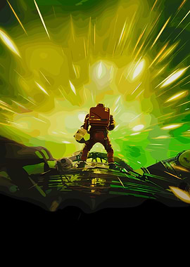 Astronaut facing a green energy explosion