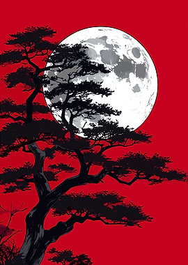 Pine Tree Silhouette Against Full Moon