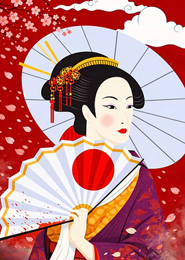 Geisha with Japanese Fan and Umbrella