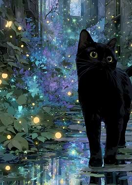 Black Cat in Enchanted Forest