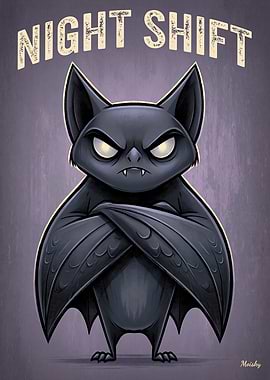 Night Shift – Angry Bat Funny Cartoon Poster