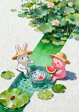 Cute bunny and pig enjoying watermelon by lotus pond