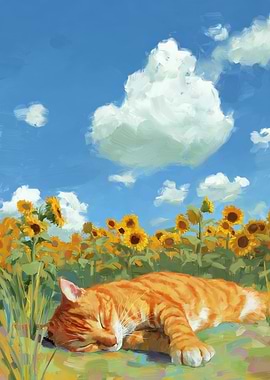 Cat Sleeping in Sunflower Field