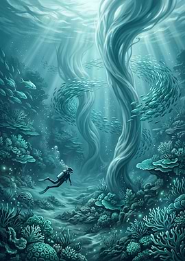 Scuba Diver in a Surreal Underwater Forest