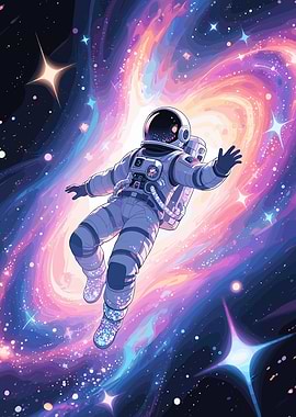 Astronaut floating in a colorful galaxy