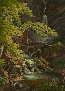 Mountain Waterfall with Goats and Shepherd