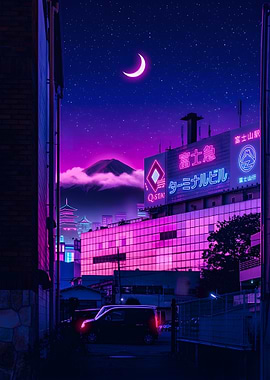 Cyberpunk Cityscape with Mount Fuji