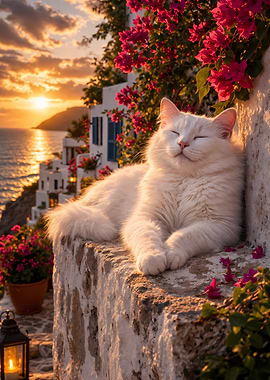 White cat enjoying sunset by the sea