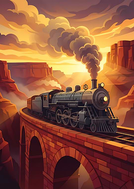 Steam Train Crossing a Canyon Bridge