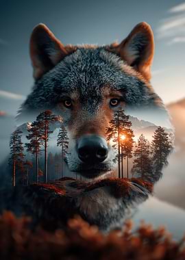 Wolf and Forest Double Exposure