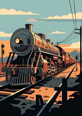 Vintage Steam Train Graphic Art Illustration