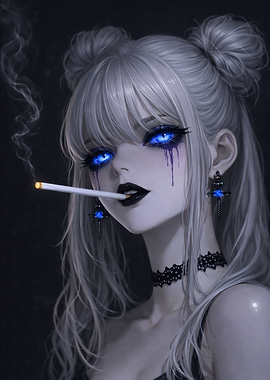 Anime Girl Smoking with Blue Eyes