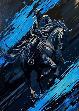 Cowboy Riding a Black Horse