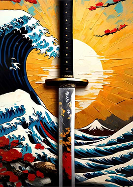 Samurai Sword with Japanese Wave and Sun