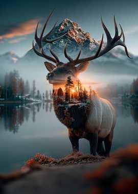 Double Exposure Elk in Mountain Landscape