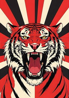 Roaring Tiger with Red and Black Background