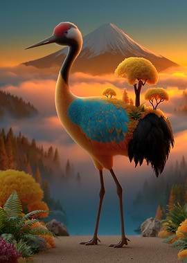 Fantasy Crane with Trees and Mountain