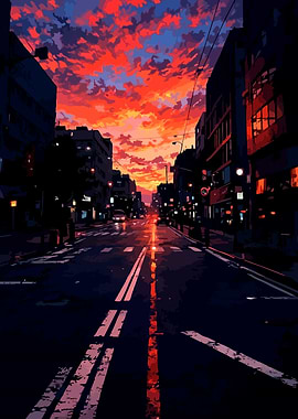 Anime City Street at Sunset