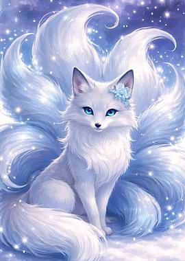 White Fox with Blue Eyes and Tails