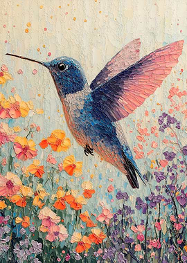 Hummingbird in a Field of Flowers