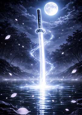 Glowing Katana in Moonlit Forest