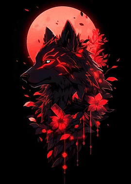Fiery Wolf with Red Moon