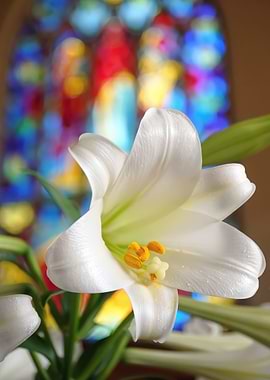 White Lily in Front of Stained Glass