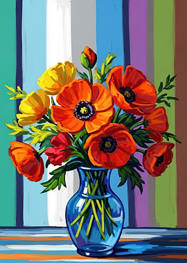 Vase of Poppies and Yellow Flowers