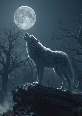 White Wolf Howling at the Moon