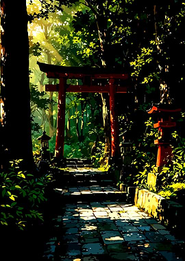Torii Gate in a Sunlit Forest