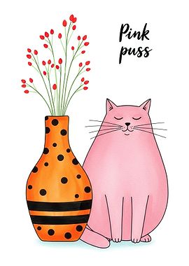 Pink Cat with Flowers in a Vase
