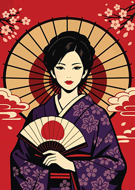Geisha with Fan and Umbrella