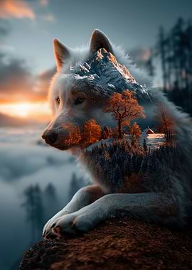 Wolf with Mountain Landscape Overlay