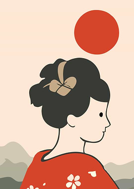Geisha with Red Sun and Mountains