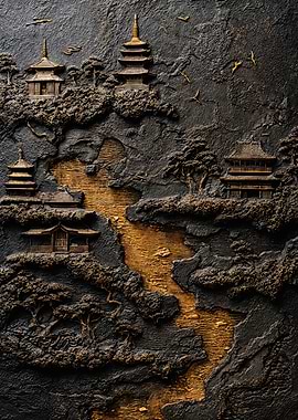 Black Gold Japanese Pagoda Relief