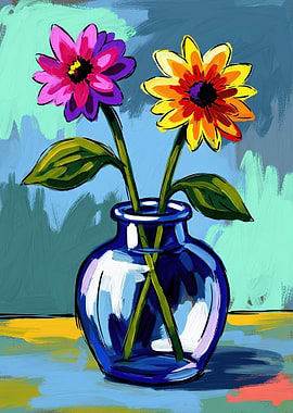Vase with Two Colorful Flowers