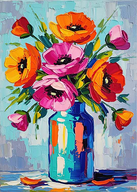 Vibrant Poppy Bouquet in Blue Vase