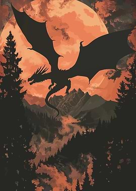 Dragon flying over mountains at sunset