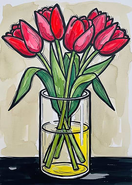 Red Tulips in a Glass Vase