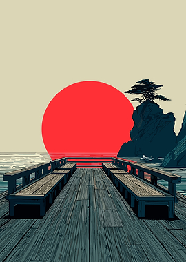 Pier at Sunset with Red Sun