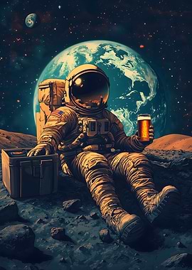 Astronaut enjoying beer on the moon