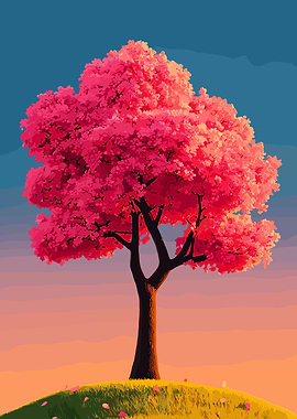 Vibrant Cherry Blossom Tree at Sunset