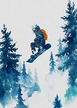Snowboarder jumping through pine trees