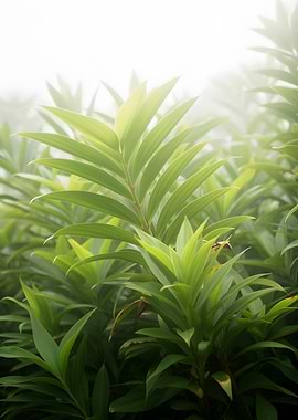 Lush Green Foliage in Fog