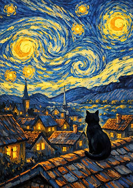 Black Cat on Rooftop Under Starry Night Sky
