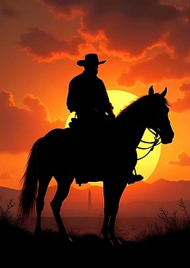 Cowboy dead Silhouette at Sunset red