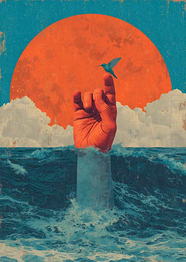 Surreal Hand Emerging from Ocean with Hummingbird