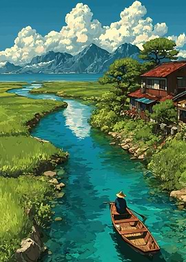 Serene River Journey in a Japanese Village