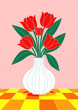 Red Tulips in a White Vase